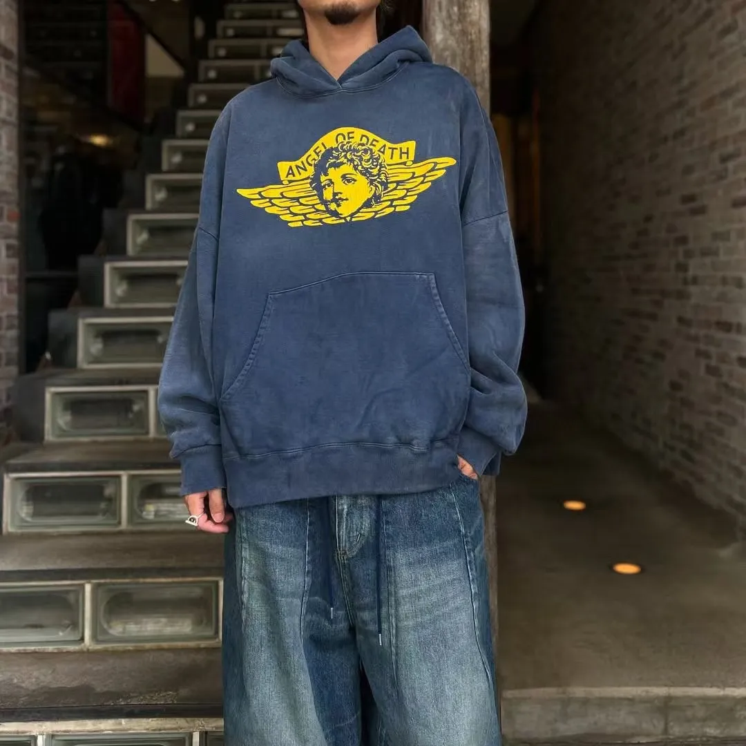 SAINT M×××××× ANGEL HOODIE/NAVY Angel Reborn Blue Hoodie Washed Blue S-XL Assute Garment Dyeing Full Clothes Water Fading Mud Dyeing Dirty Distress New Vintage Ceiling God Tailoring Original Super Loose Fit Customized Original Accessories God-level Print Restoration